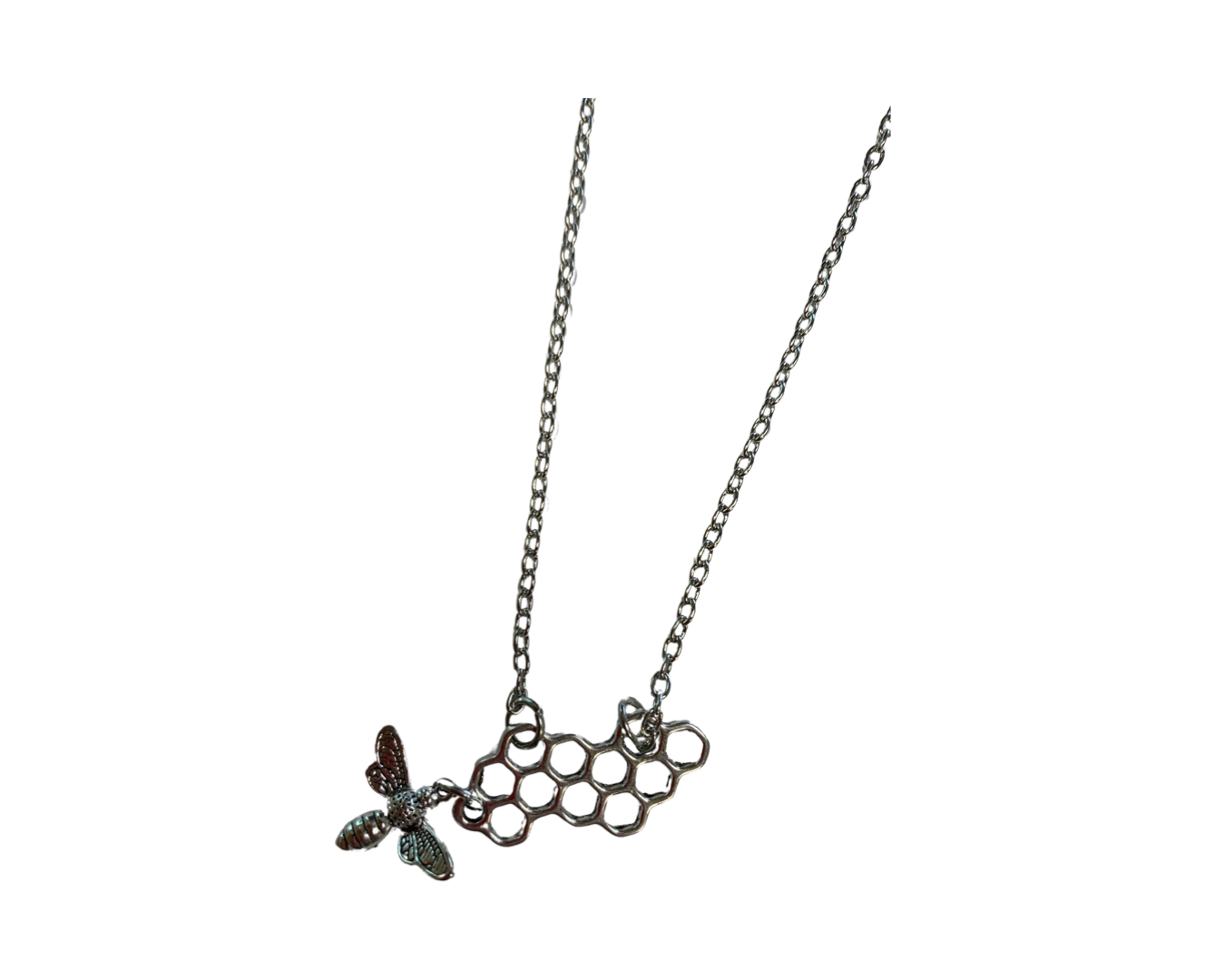Silver honeycomb and bee necklace