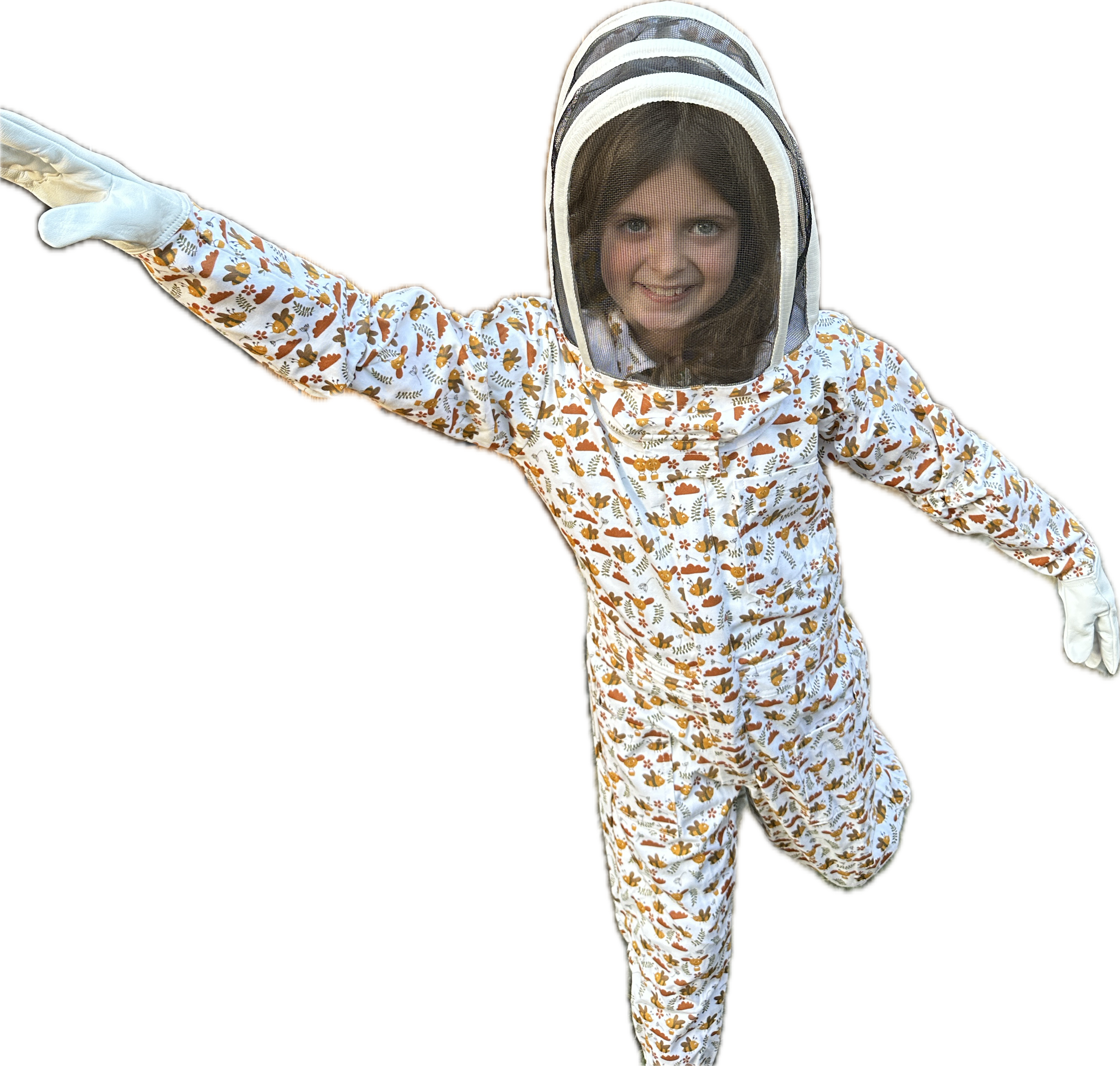 Floral honey bee suit for kids with a protective fencing veil.