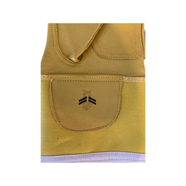 Cowhide glove with reinforced full thumb, palm, and regular sleeve with Velcro loop.