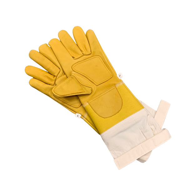 Cowhide glove with reinforced full thumb, palm, and regular sleeve with Velcro loop.