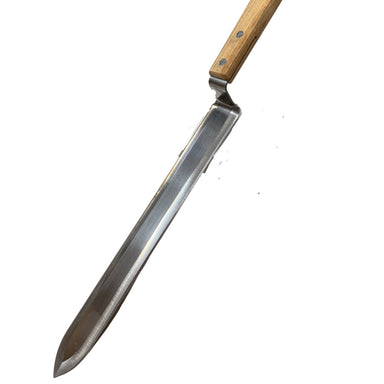 Uncapping knife with wooden handle.