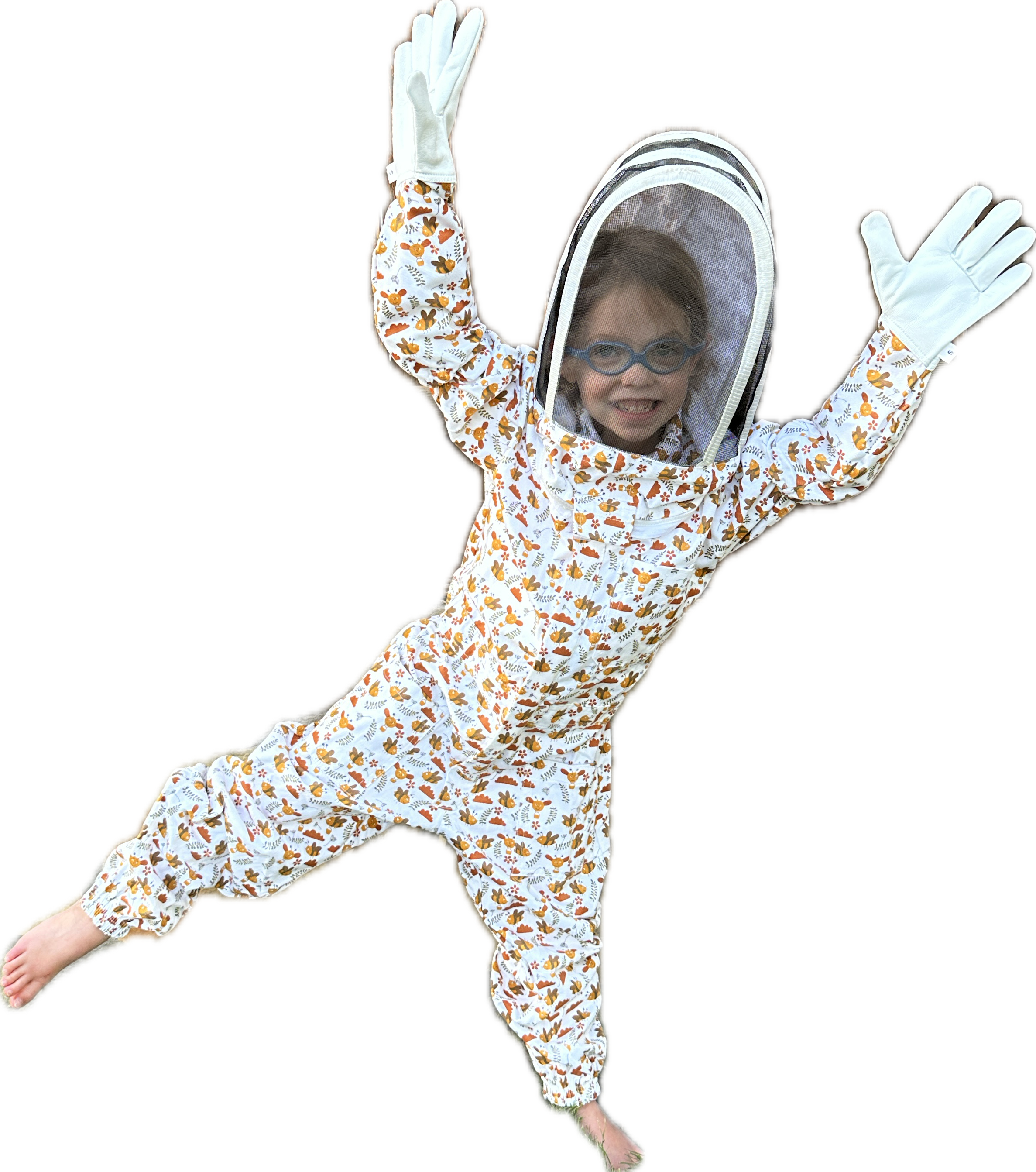 Floral honey bee suit for kids with a protective fencing veil.