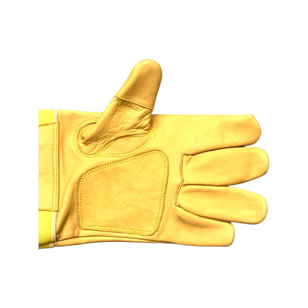 Cowhide glove with reinforced full thumb, palm, and regular sleeve with Velcro loop.