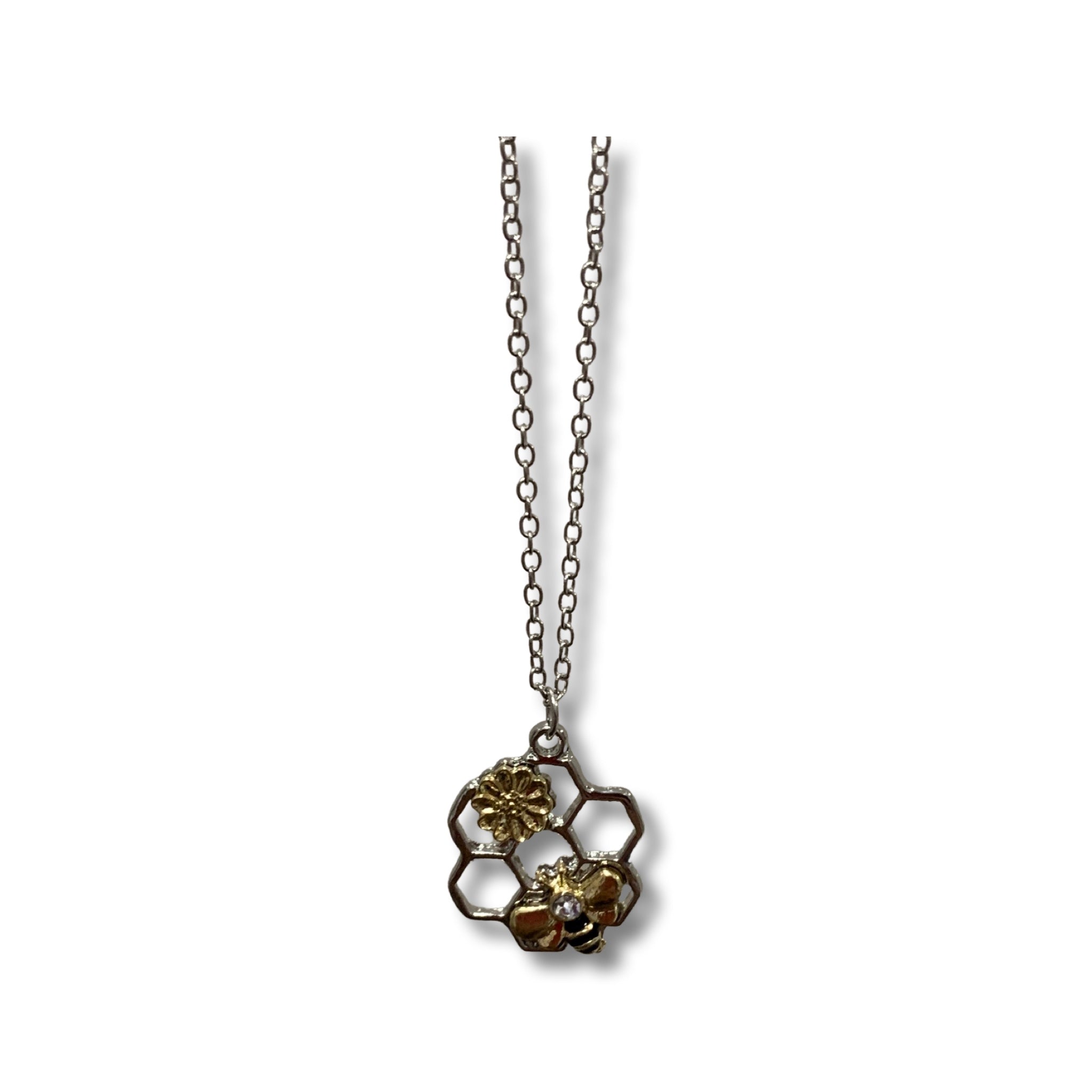 Gold and silver honeycomb bee and flower necklace