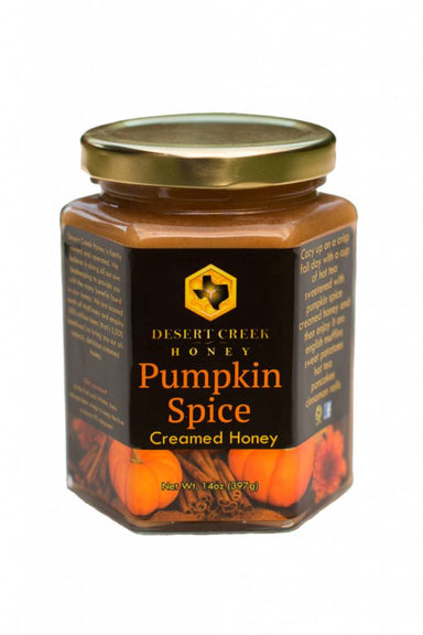 A jar of deliciously creamy Pumpkin Spiced Creamed Honey